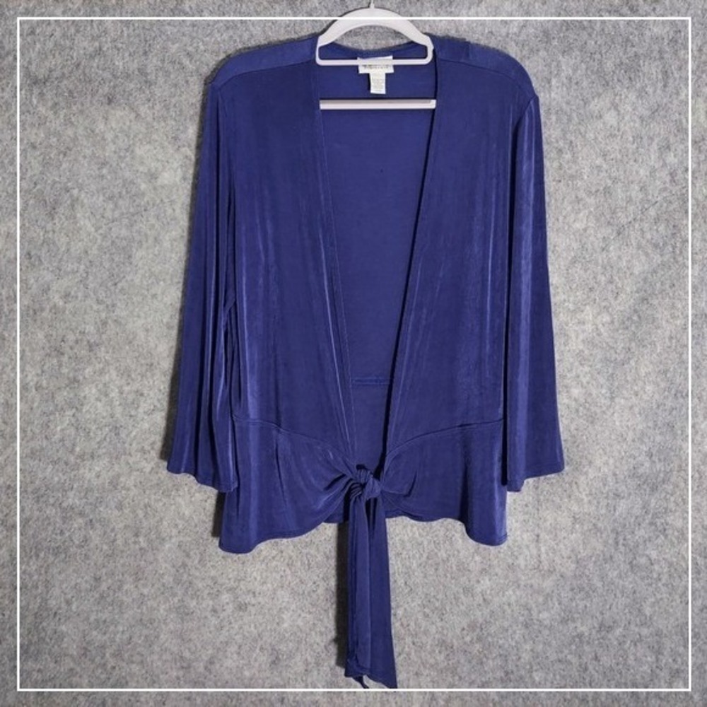Chicos Traveler Cardigan 2 L Blue Open‎ Tie Knot Wide Slinky Stretch Casual